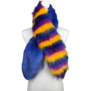 ZARA ACCESSORIES MULTICOLOR FAUX FUR SCARF – BLUE / PURPLE / YELLOW – 48" x 6"